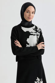 Çiçek Desenli Triko Takım - Siyah TUGBA