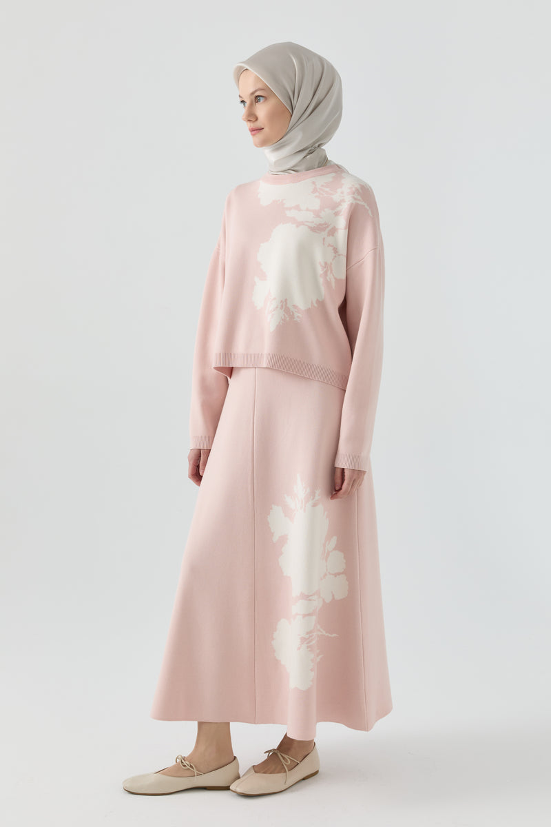 Çiçek Desenli Triko Takım - Pembe TUGBA