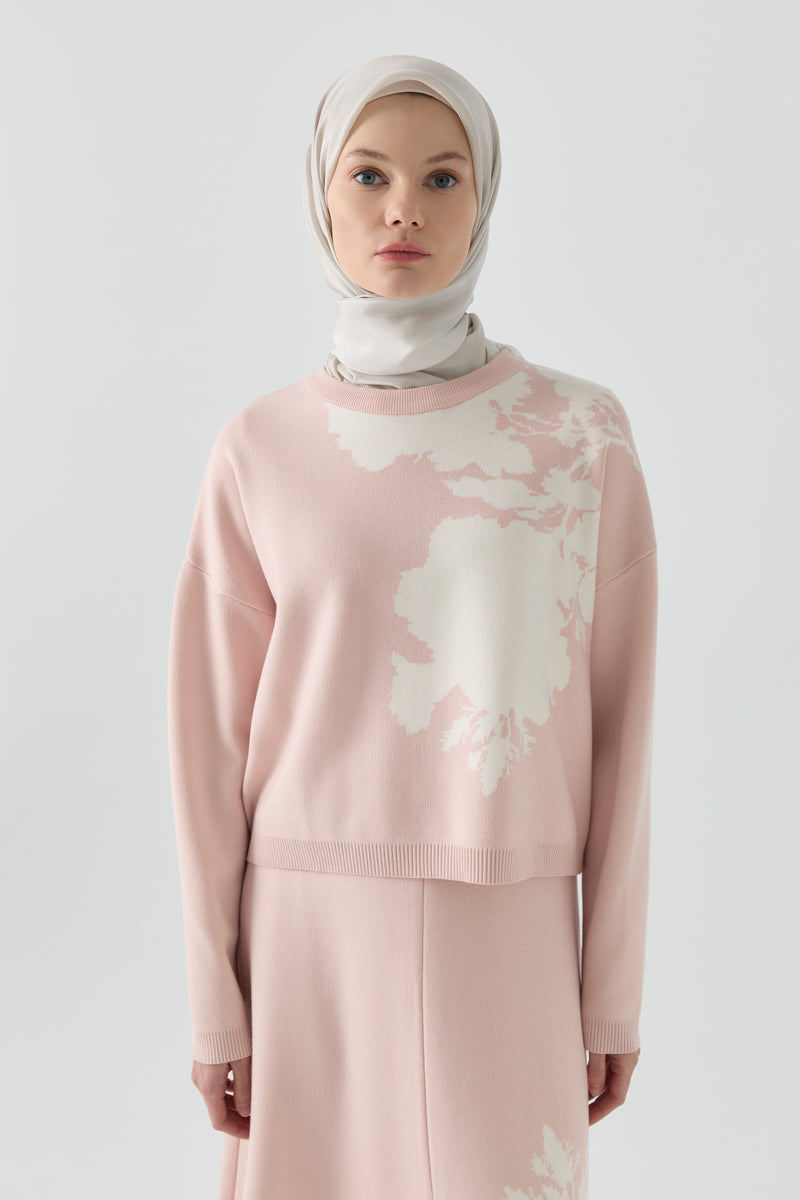 Çiçek Desenli Triko Takım - Pembe TUGBA