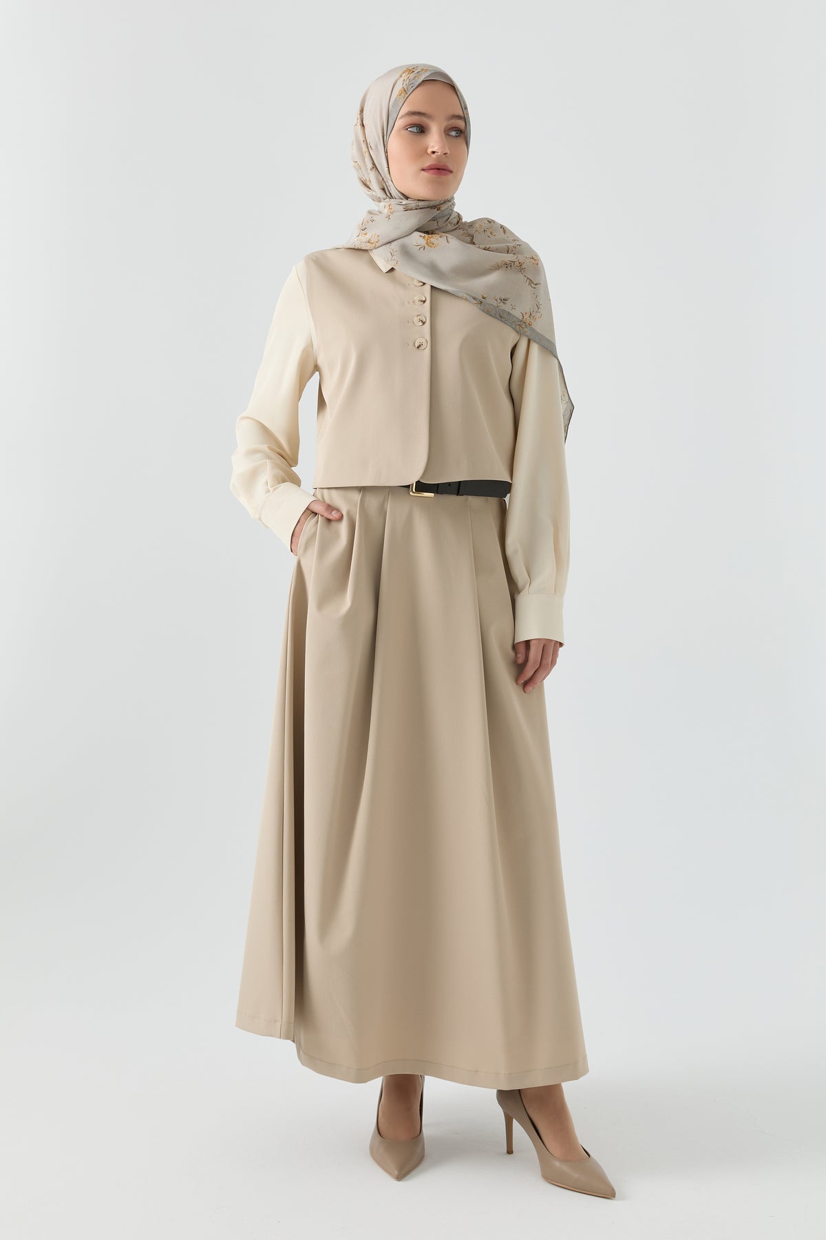 Vest and Skirt Set - Beige