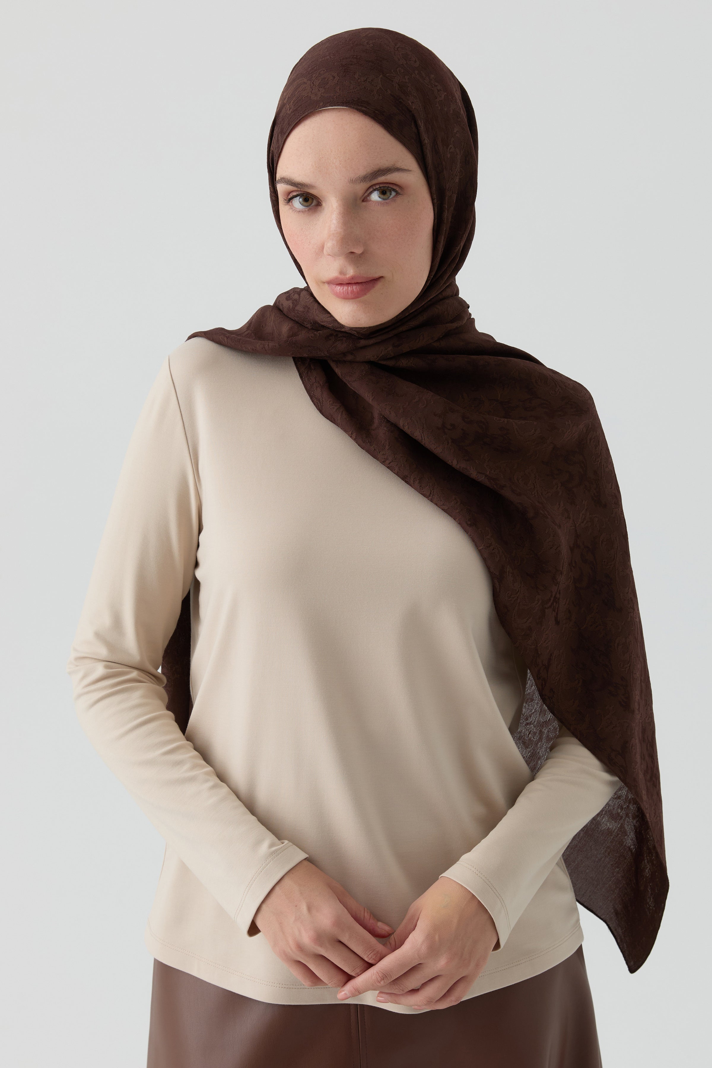 Motifli Jakar Şal - Koyu Kahve TUGBA