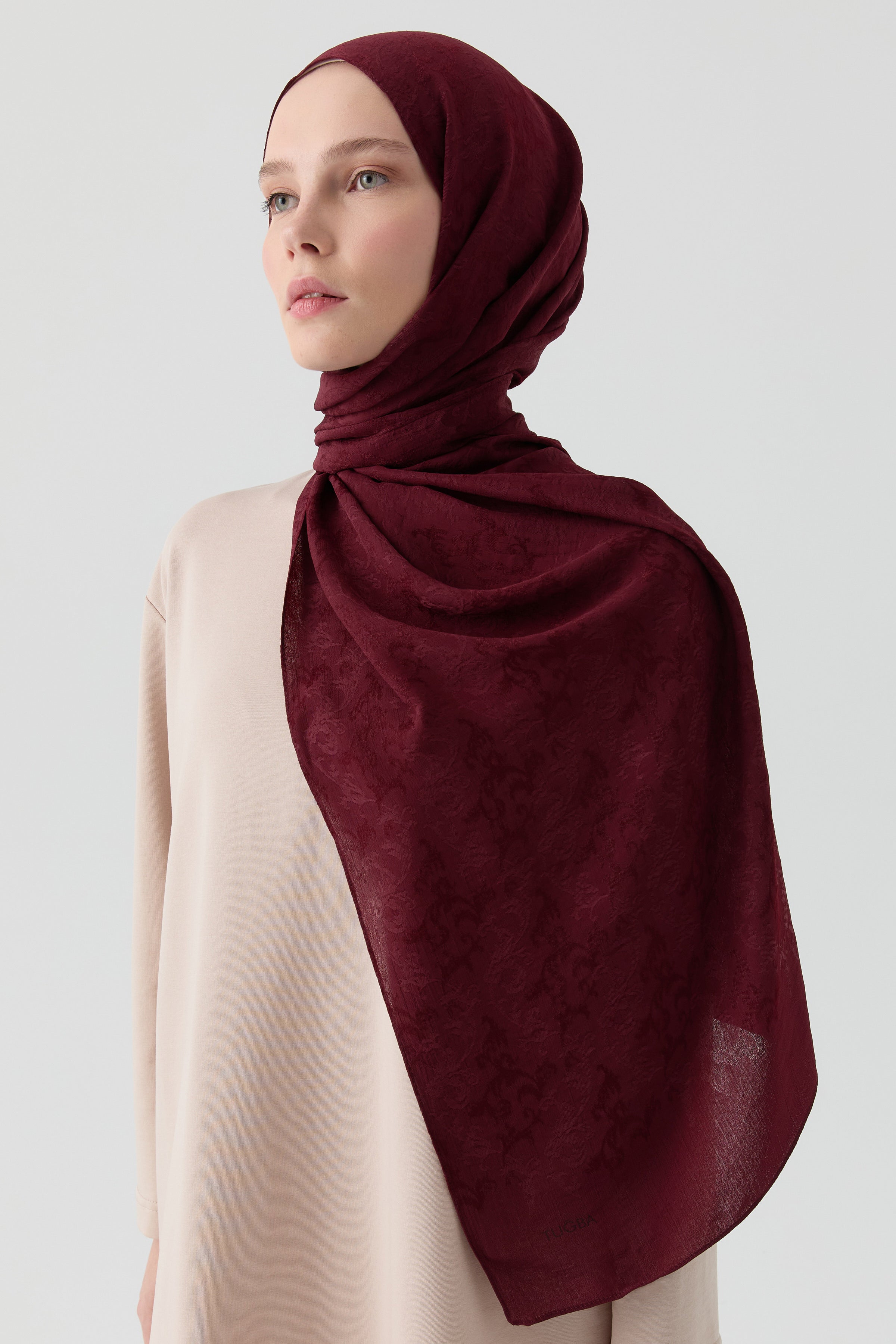 Motifli Jakar Şal - Bordo TUGBA