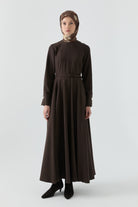 Beli Saran Kuplu Elbise - Acı Kahve TUGBA