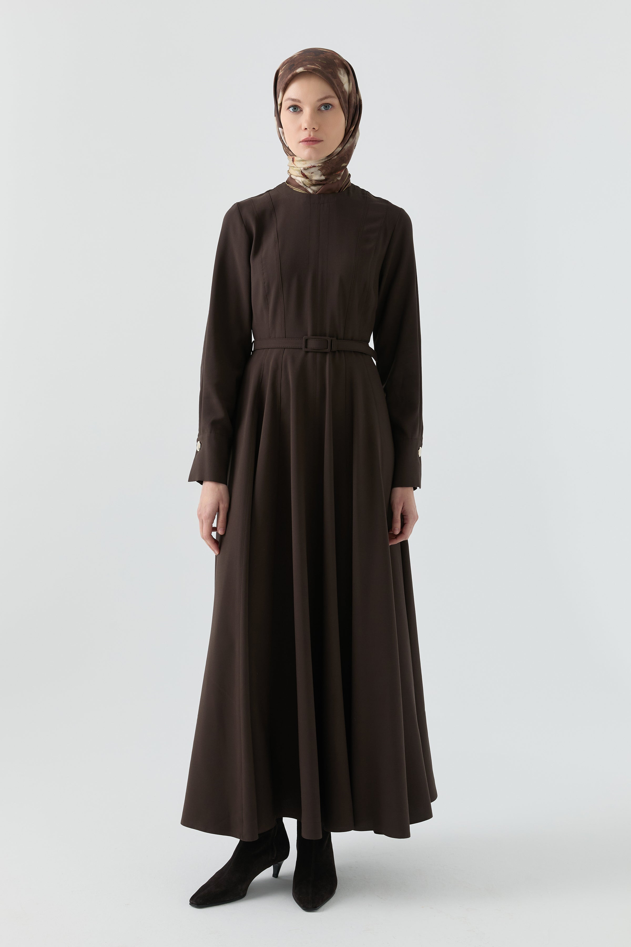 Beli Saran Kuplu Elbise - Acı Kahve TUGBA