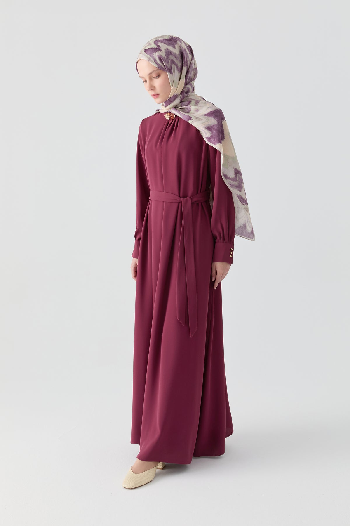 Kırma Detaylı Elbise - Mürdüm TUGBA