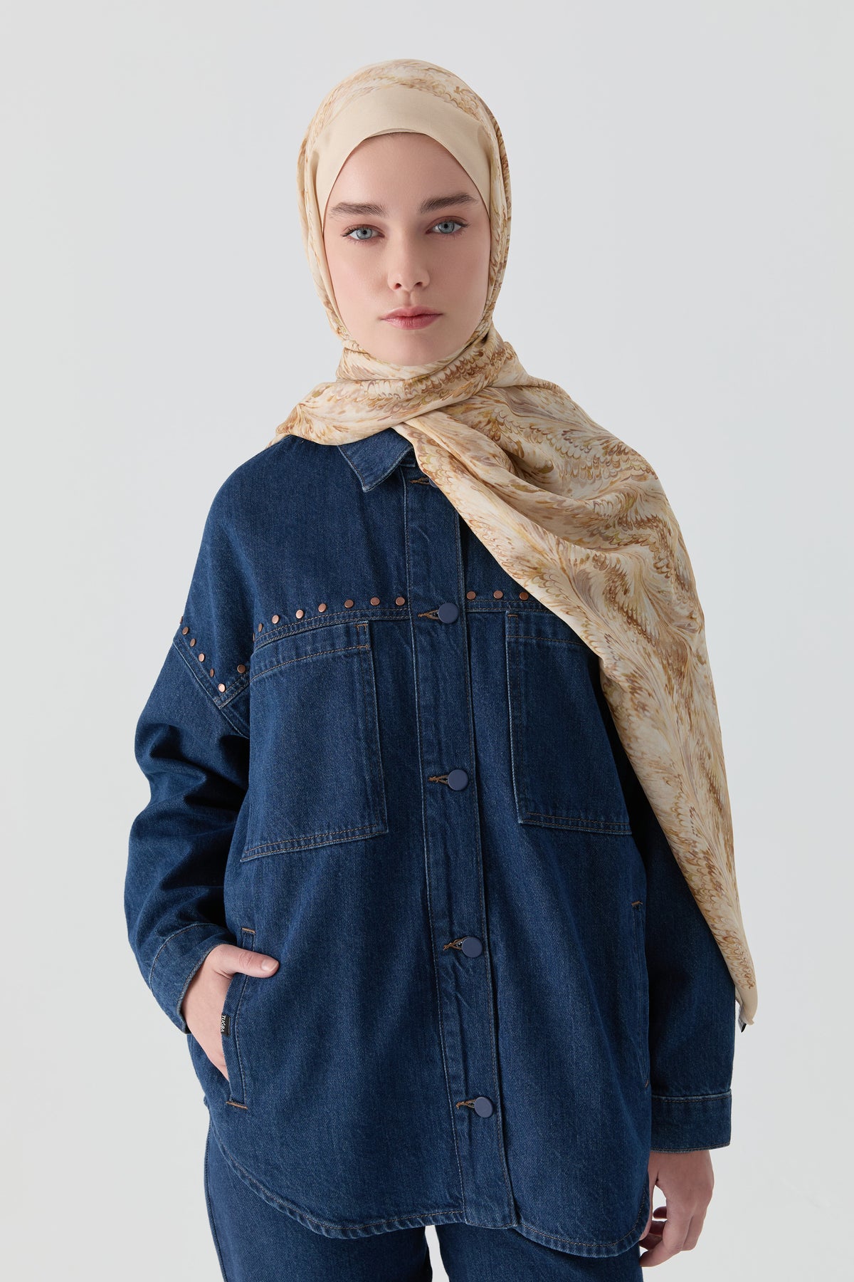 Denim Jacket with Rivet Detail and Pocket - Navy Blue