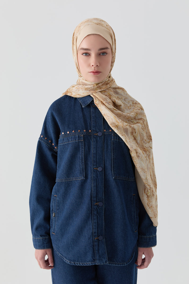 Rivet Detaylı Cepli Denim Ceket - Lacivert TUGBA