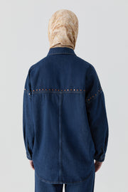 Rivet Detaylı Cepli Denim Ceket - Lacivert TUGBA