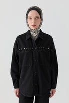 Rivet Detaylı Cepli Denim Ceket - Siyah TUGBA