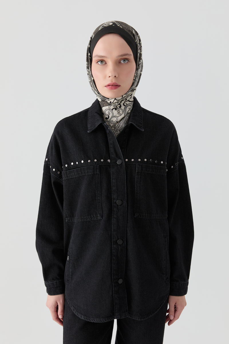 Rivet Detaylı Cepli Denim Ceket - Siyah TUGBA