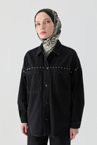 Rivet Detaylı Cepli Denim Ceket - Siyah TUGBA