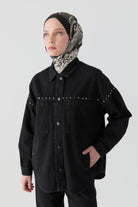 Rivet Detaylı Cepli Denim Ceket - Siyah TUGBA