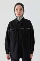 Rivet Detaylı Cepli Denim Ceket - Siyah TUGBA
