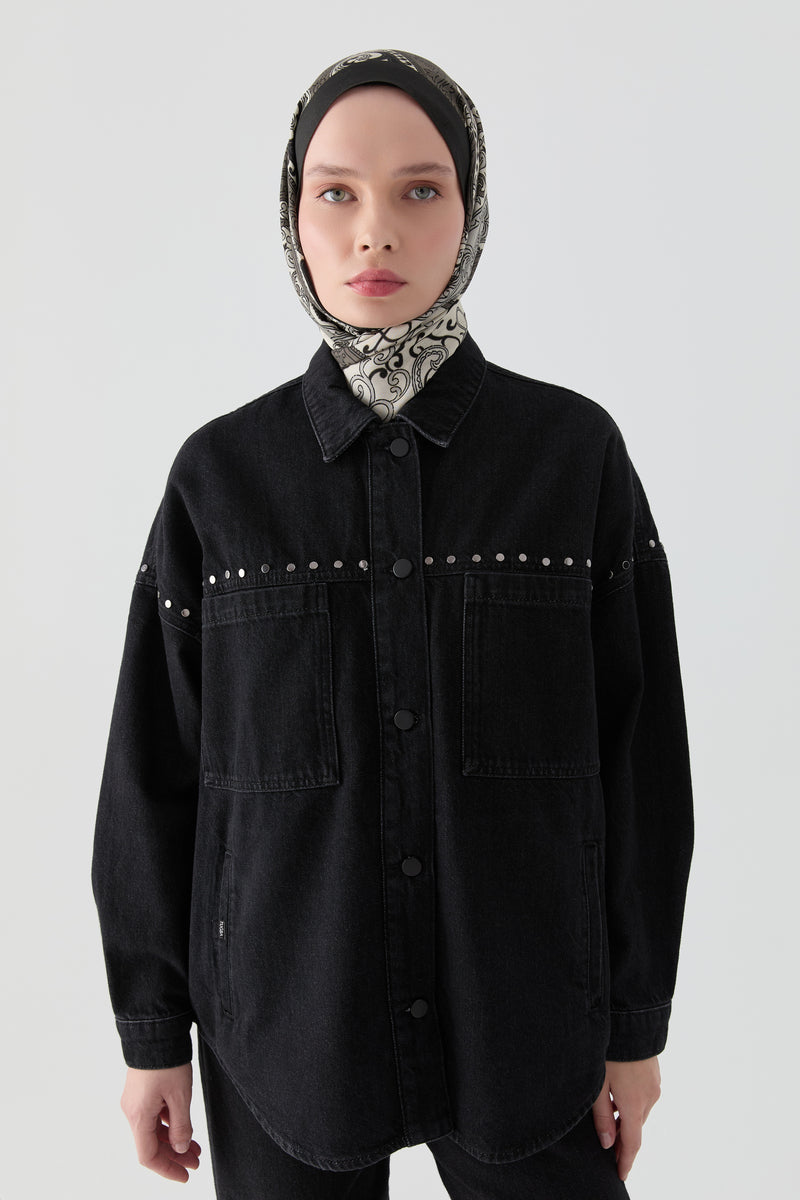 Rivet Detaylı Cepli Denim Ceket - Siyah TUGBA
