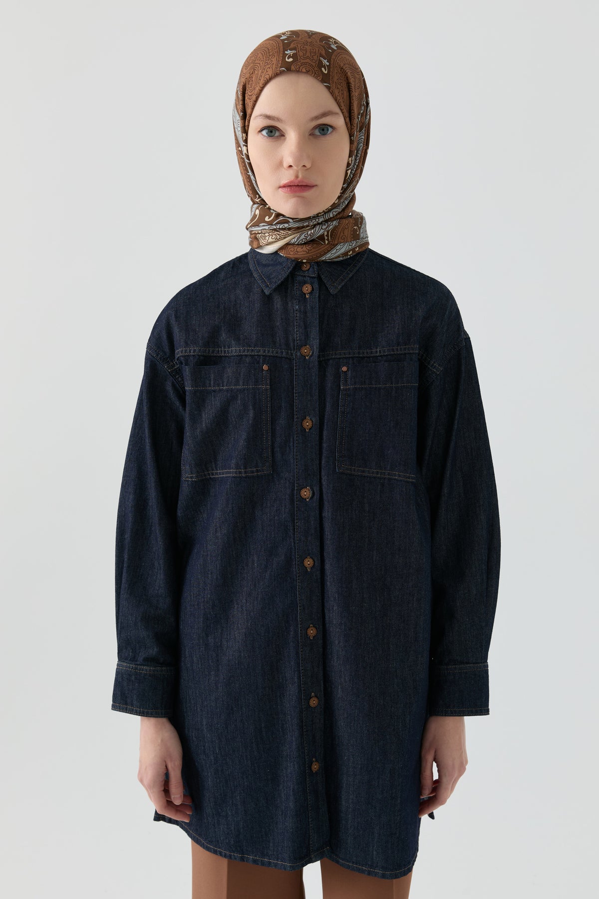 Simetrik Cep Detaylı Denim Tunik - Lacivert TUGBA