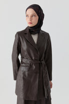 Kuşaklı Deri Ceket - Kahve TUGBA