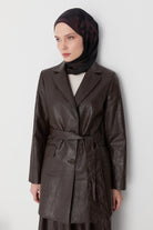 Kuşaklı Deri Ceket - Kahve TUGBA