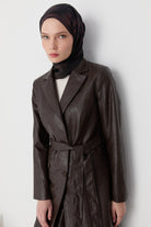 Kuşaklı Deri Ceket - Kahve TUGBA