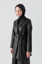 Kuşaklı Deri Ceket - Siyah TUGBA