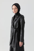 Kuşaklı Deri Ceket - Siyah TUGBA