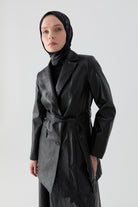 Kuşaklı Deri Ceket - Siyah TUGBA