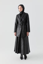 Kuşaklı Deri Ceket - Siyah TUGBA