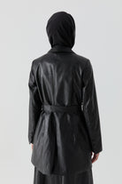 Kuşaklı Deri Ceket - Siyah TUGBA