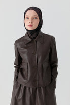 Kısa Deri Ceket - Kahve TUGBA