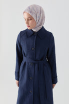 Kol Bant Detaylı Kapitone Pardesü - Lacivert TUGBA