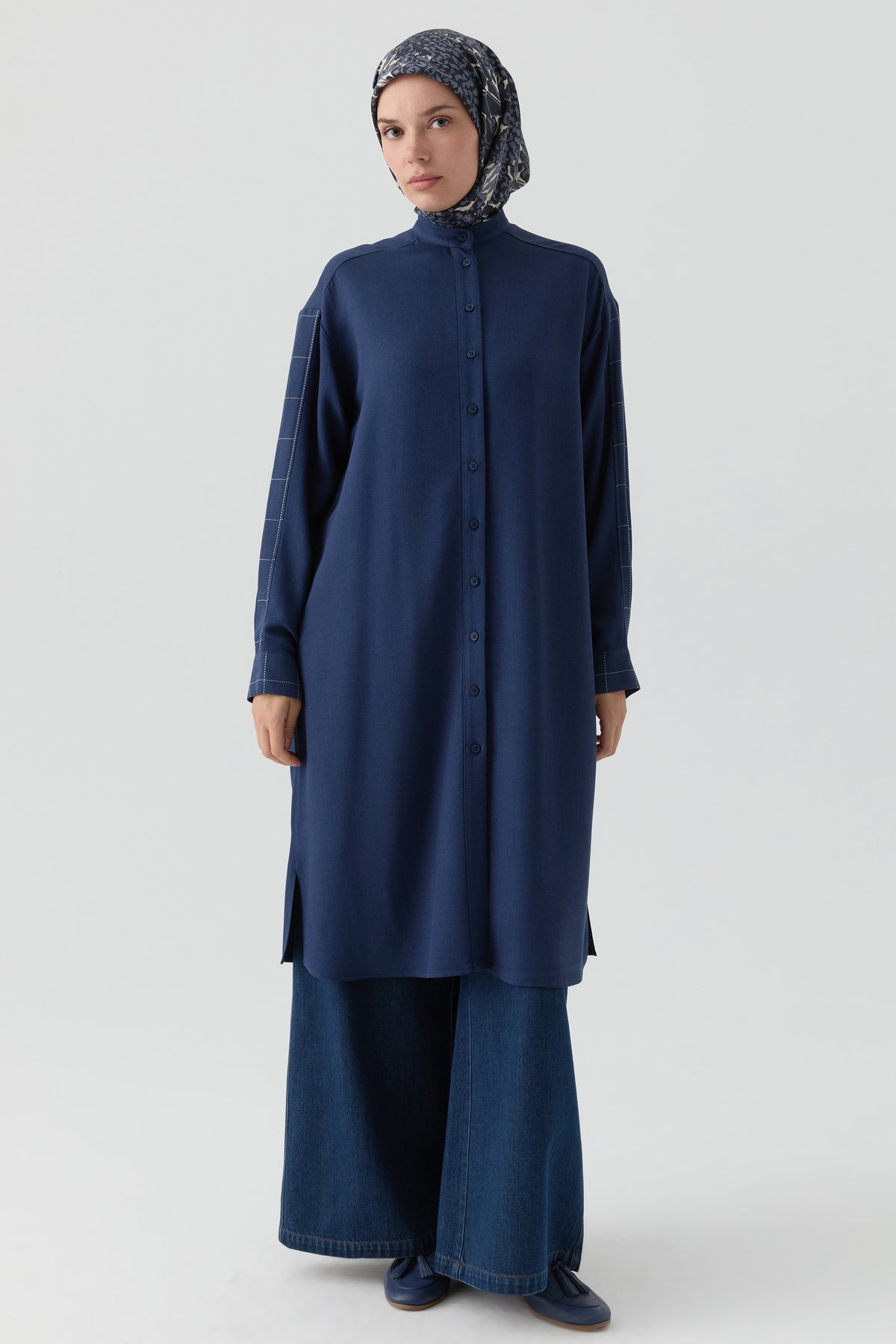 Square Pattern Combination Tunic - Indigo