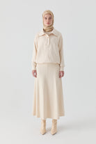 Sekiz Parçalı Bel Örme Etek - Ekru TUGBA