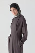 Pile Detaylı Kapüşonlu Örme Elbise - Antrasit TUGBA