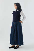 Düğme Detaylı Denim Etek - Lacivert TUGBA