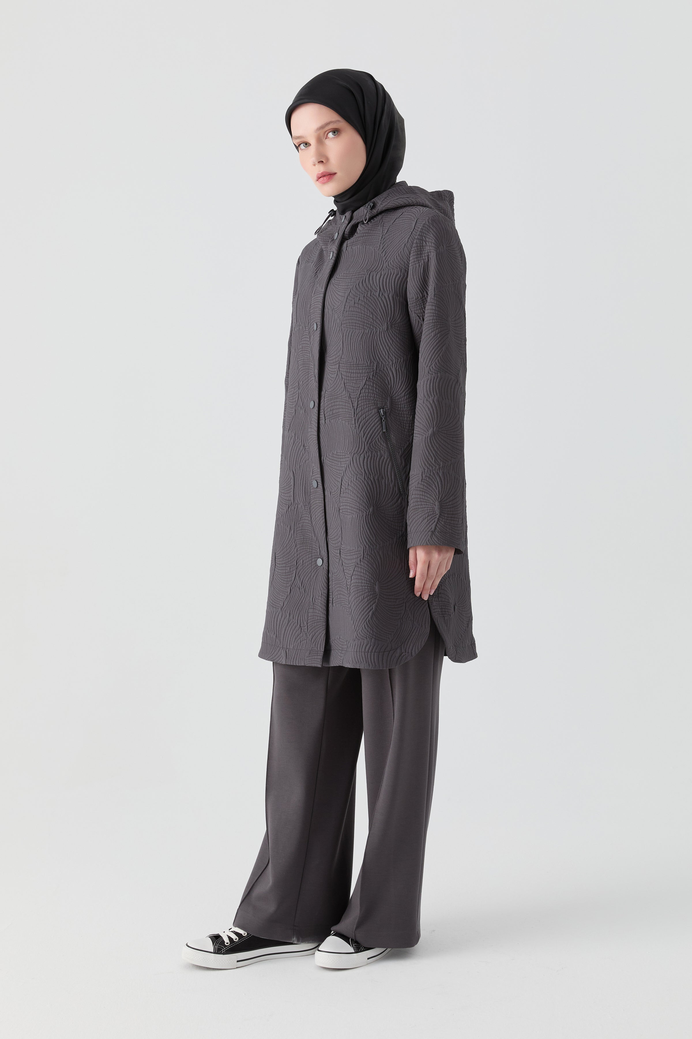 Quilted Coat with Snap Closure and Slit - Anthracite – TUĞBA
