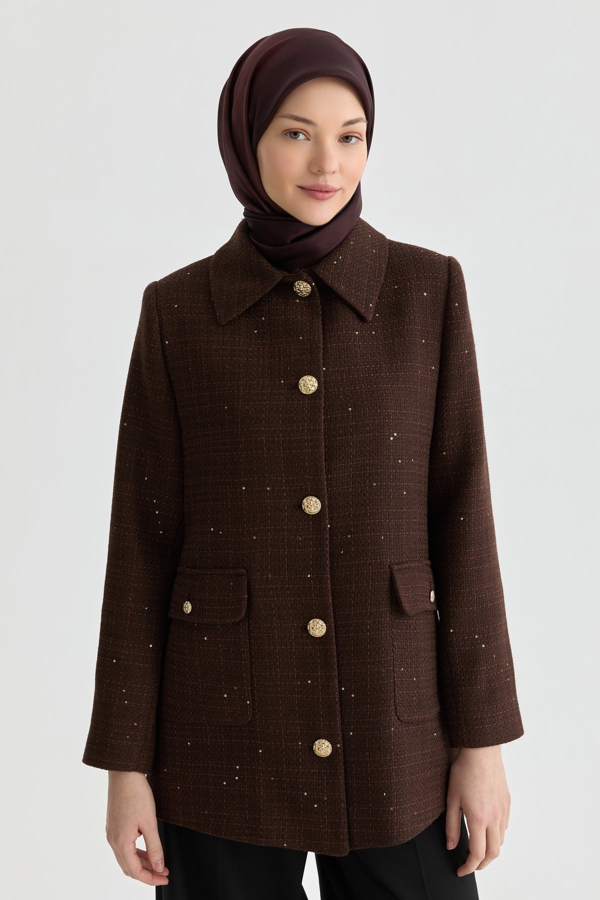 Jacket with Gold Button Detail - Brown