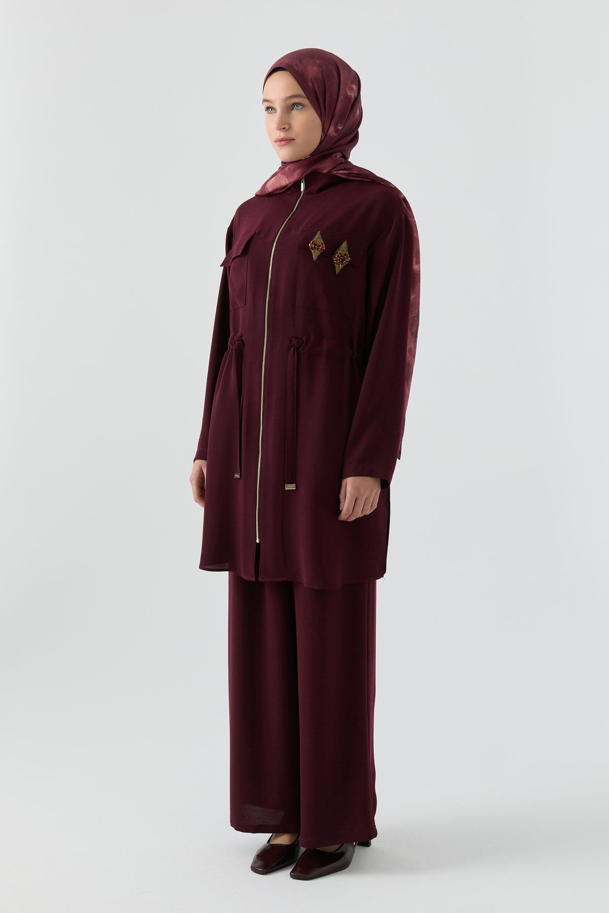 Aplike Cep Detaylı Takım - Bordo TUGBA