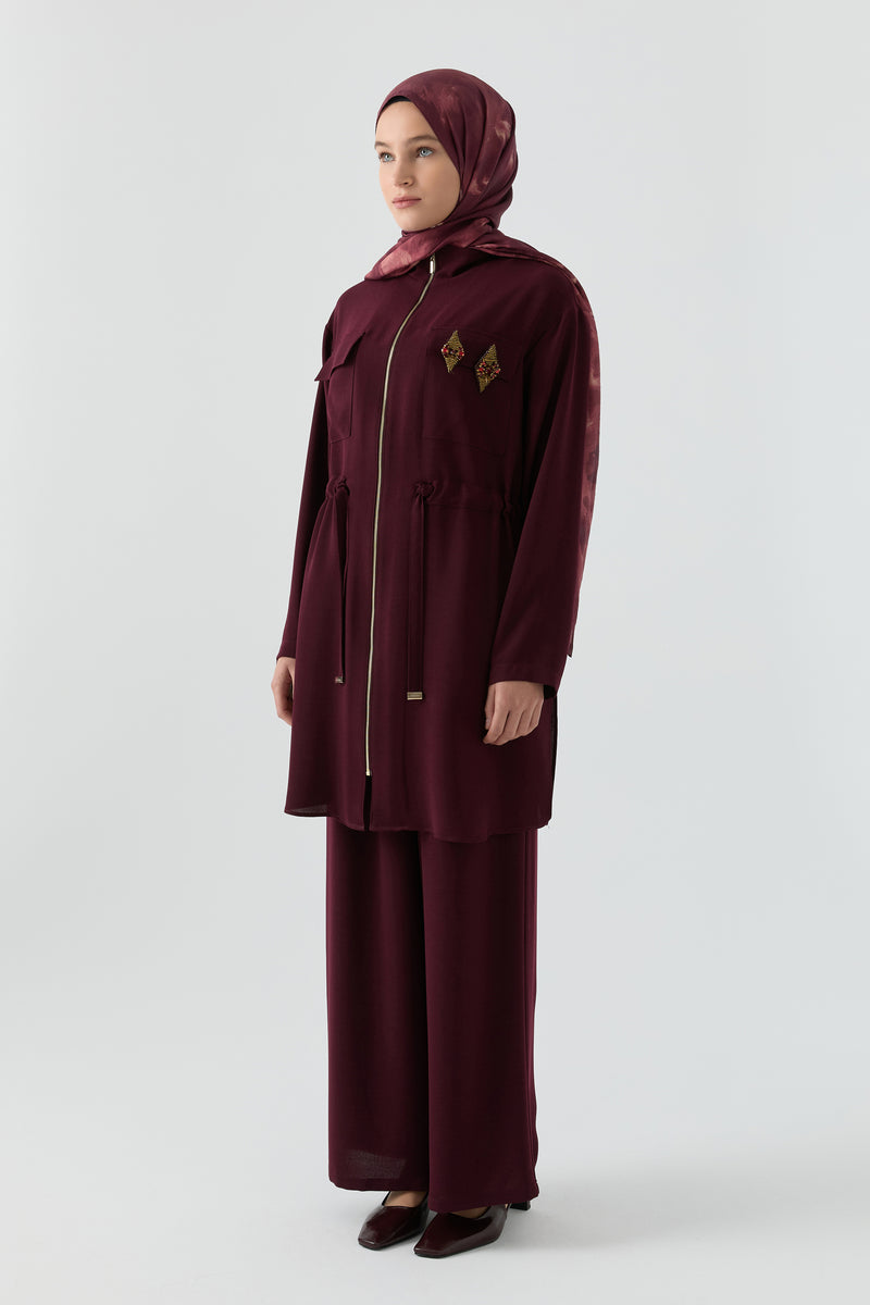 Aplike Cep Detaylı Takım - Bordo TUGBA