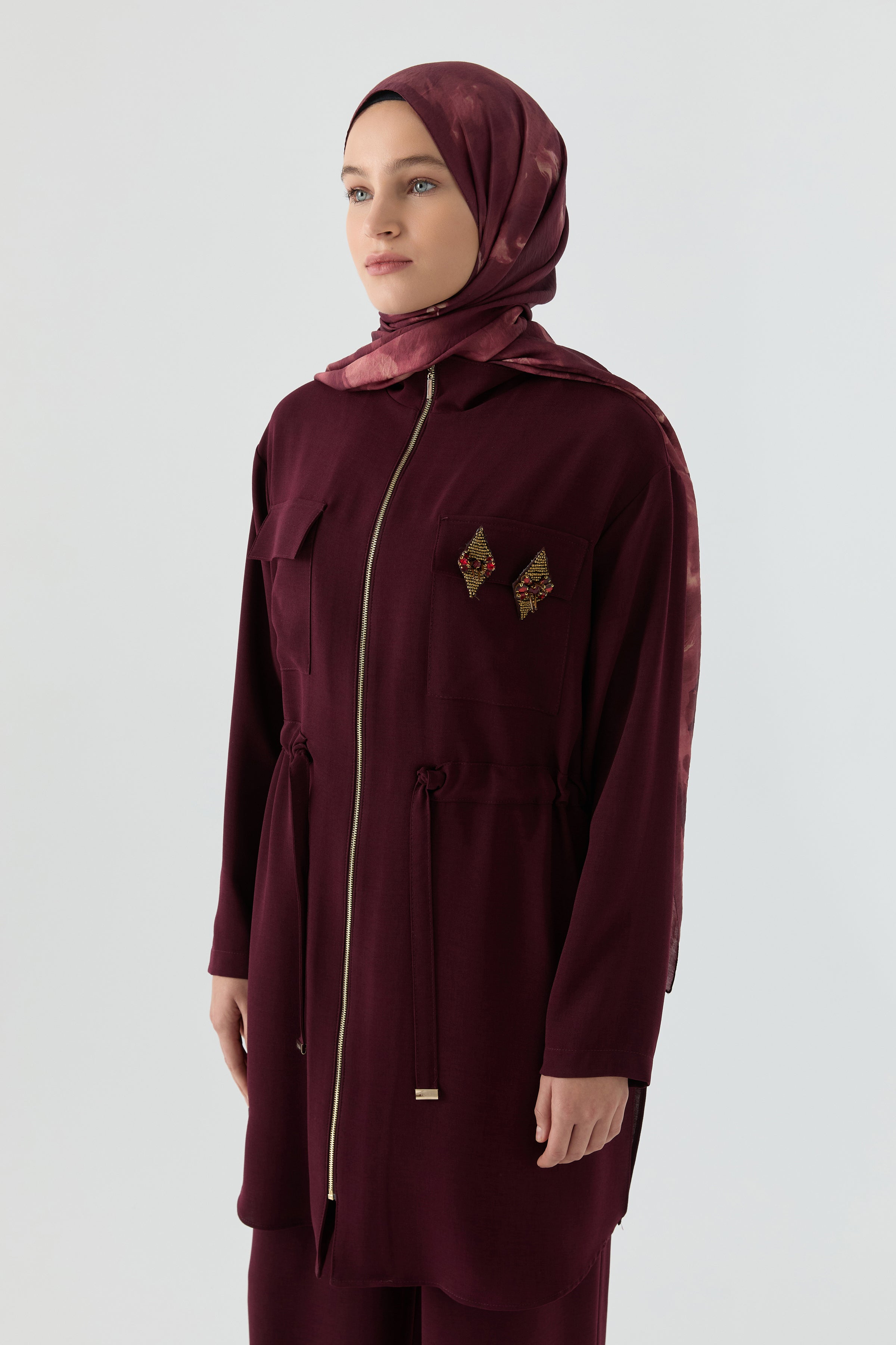 Aplike Cep Detaylı Takım - Bordo TUGBA