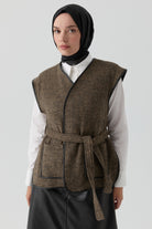 Deri Biye Detaylı Cepli Yelek - Camel TUGBA