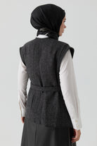 Deri Biye Detaylı Cepli Yelek - Antrasit TUGBA