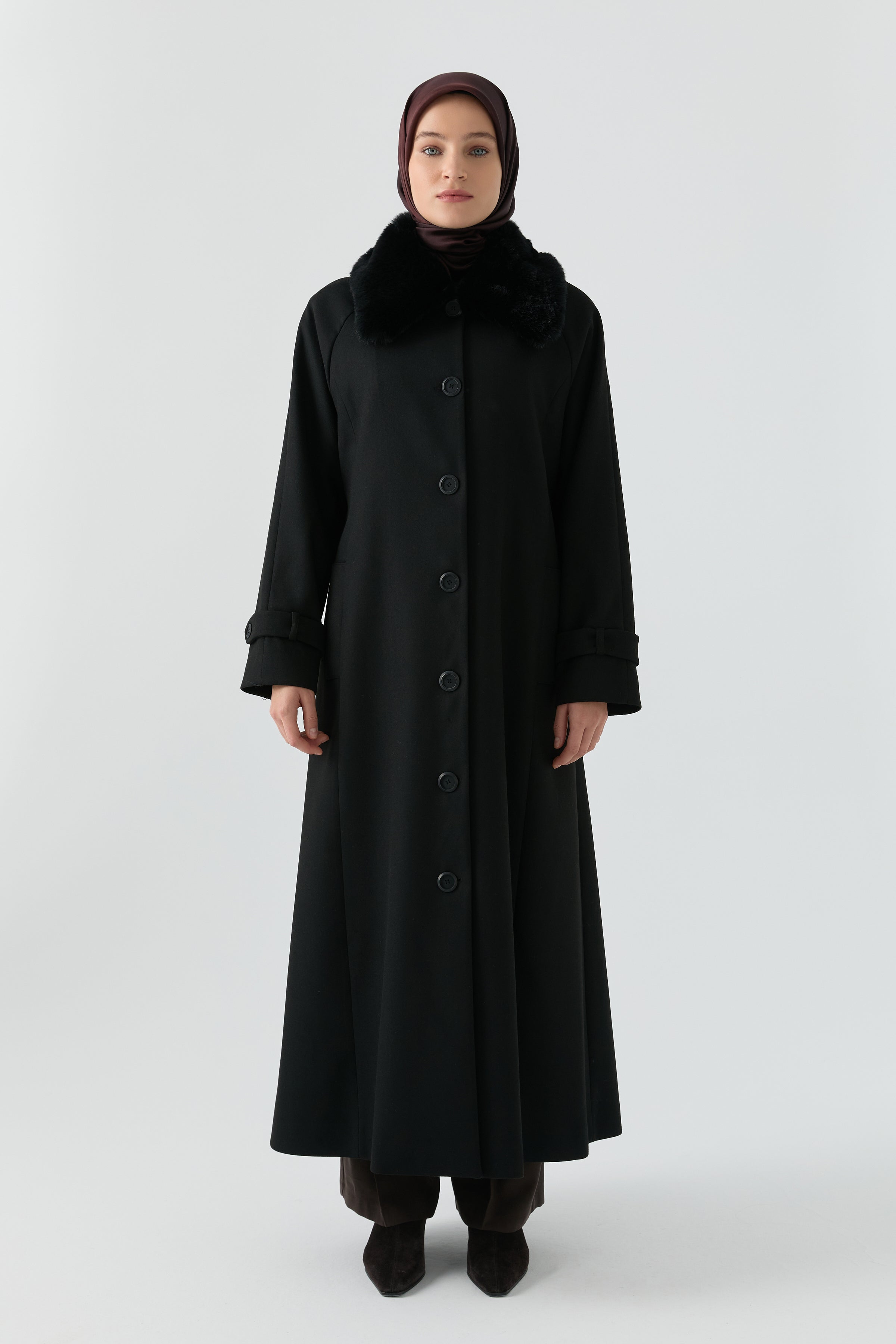 Büyük Beden Reglan Kol Kaşe Manto - Siyah TUGBA