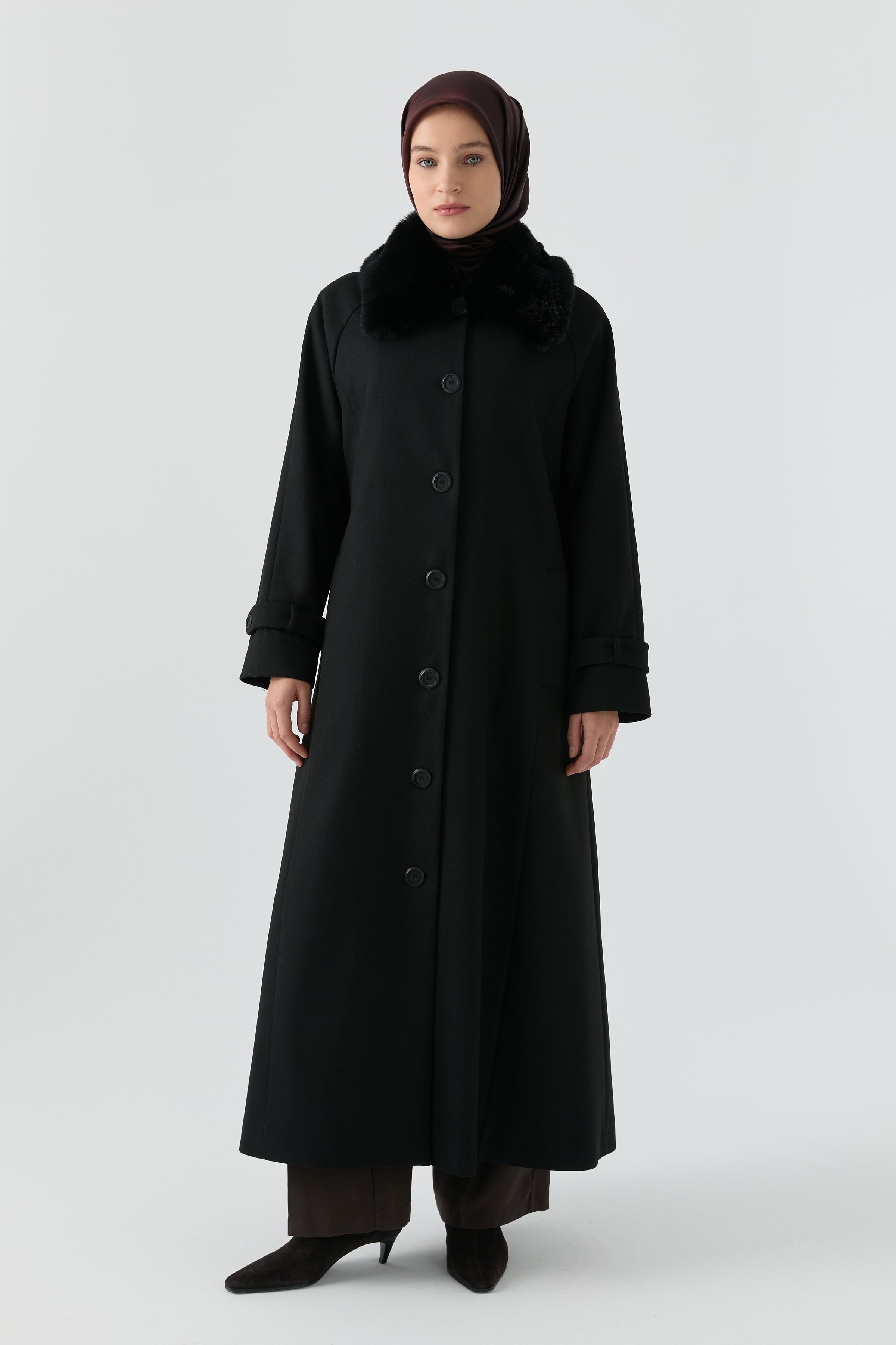 Büyük Beden Reglan Kol Kaşe Manto - Siyah TUGBA