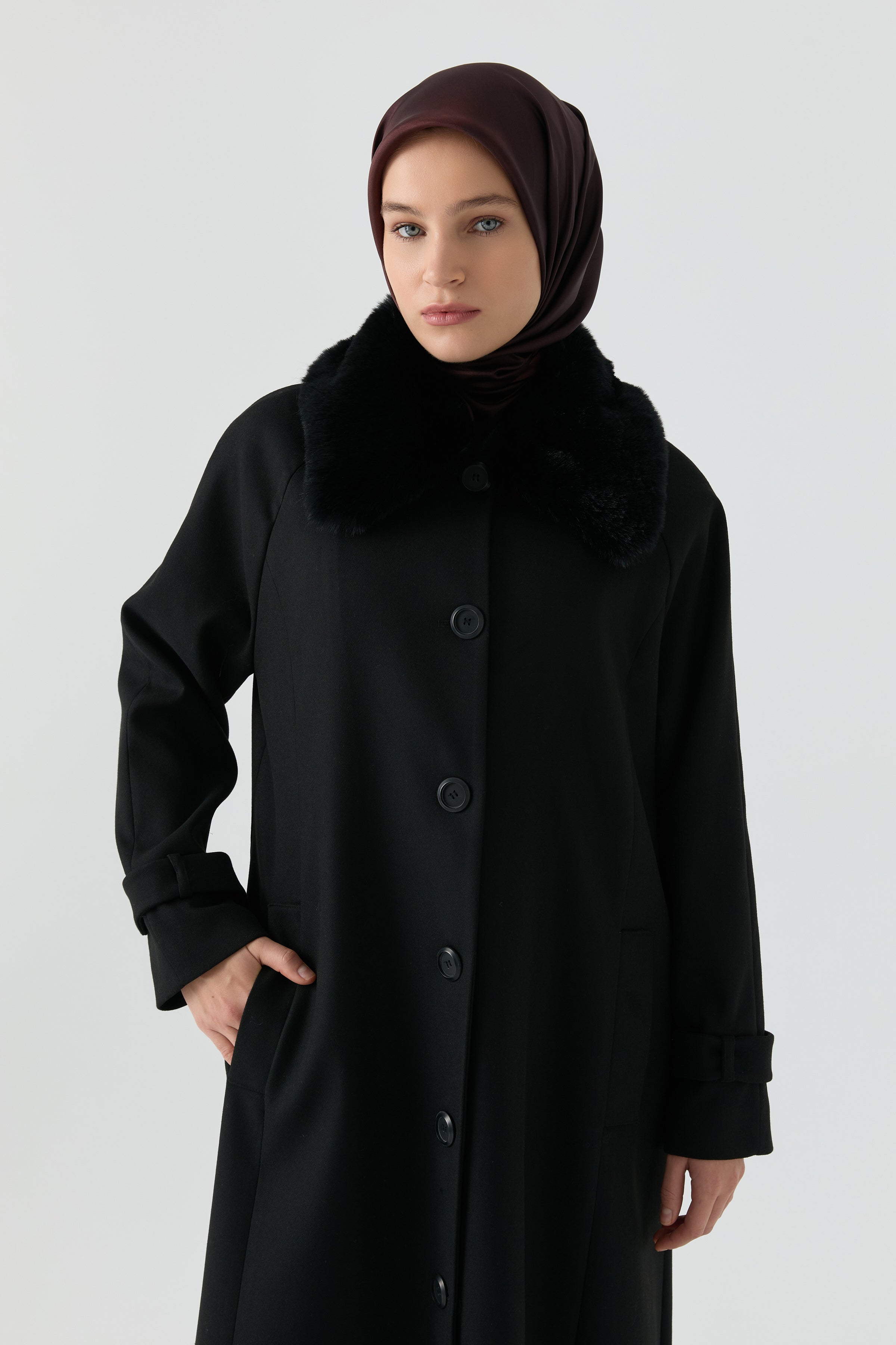 Büyük Beden Reglan Kol Kaşe Manto - Siyah TUGBA