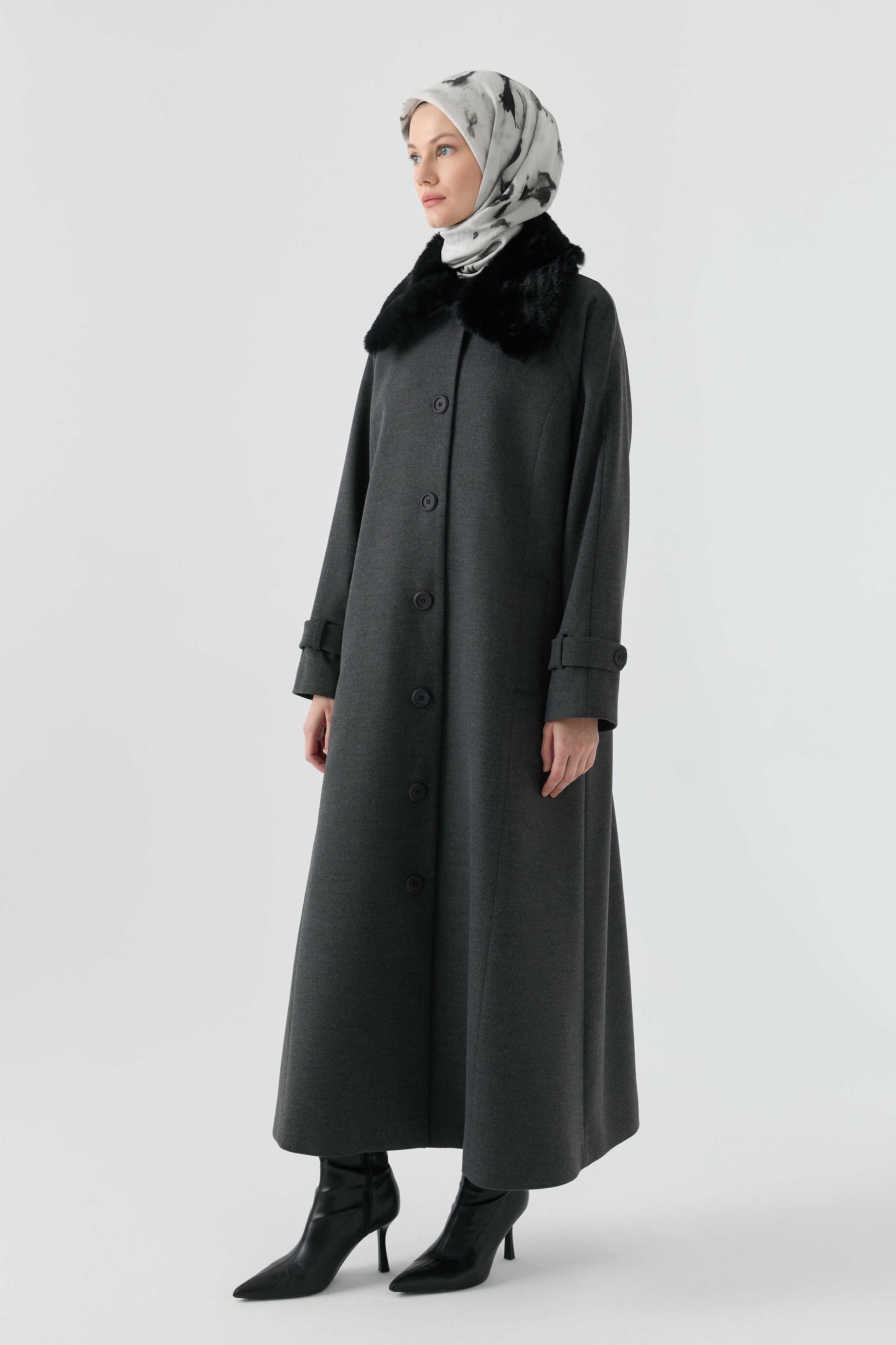 Büyük Beden Reglan Kol Kaşe Manto - Antrasit TUGBA