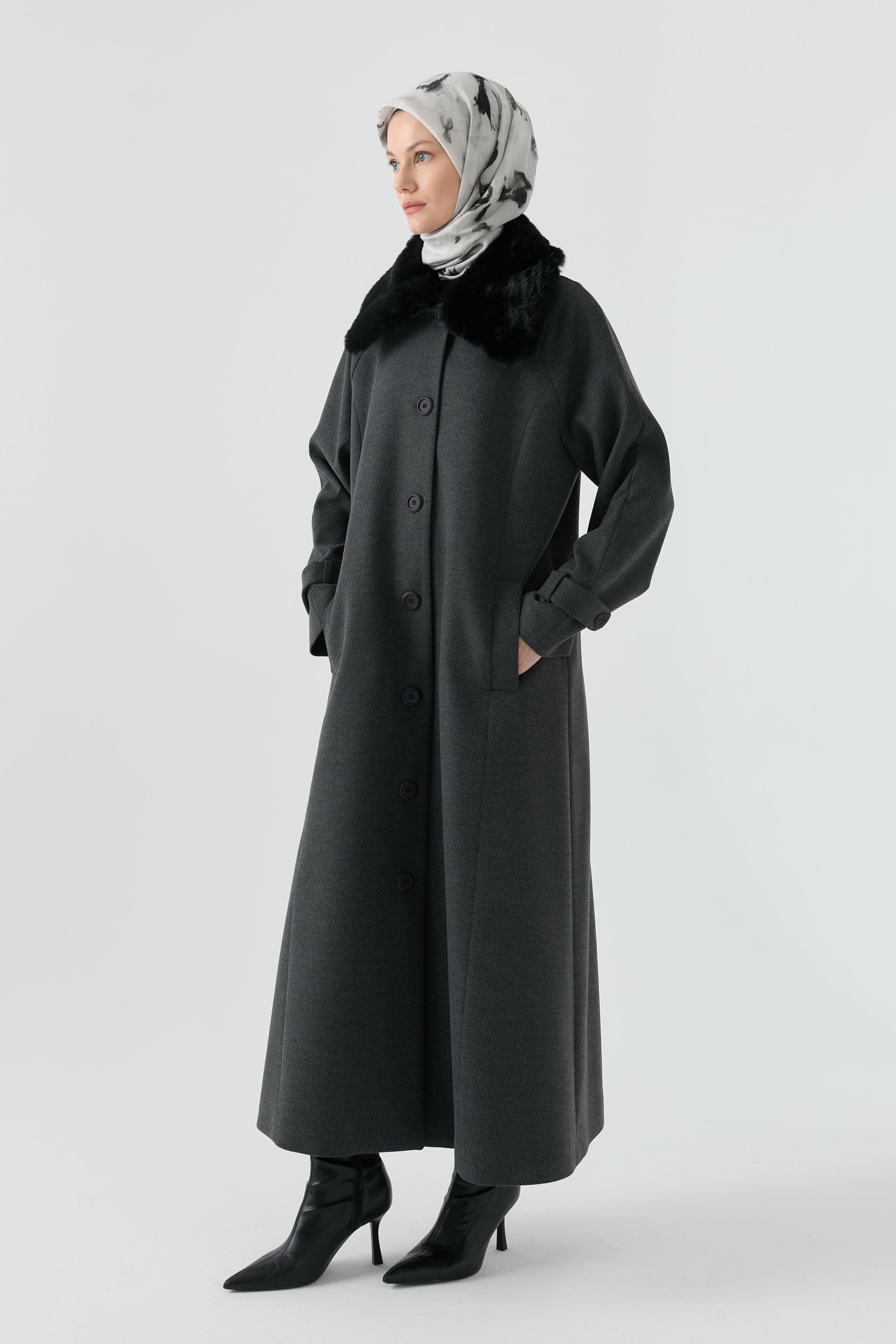 Büyük Beden Reglan Kol Kaşe Manto - Antrasit TUGBA