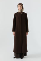 Gizli Pat Düğmeli Basic Manto - Kahve TUGBA