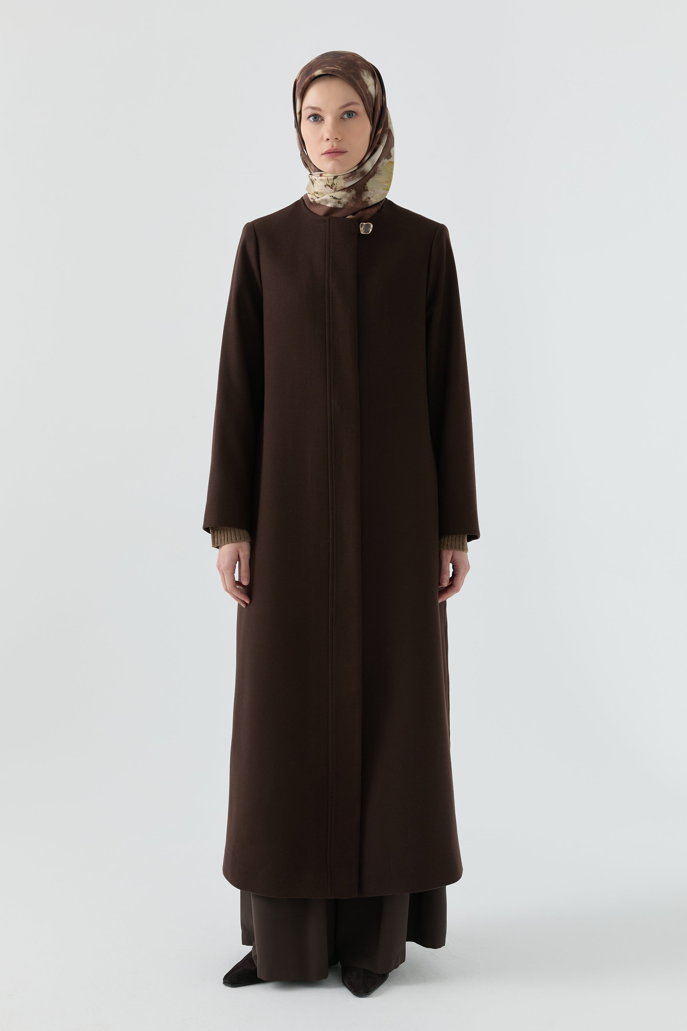 Gizli Pat Düğmeli Basic Manto - Kahve TUGBA