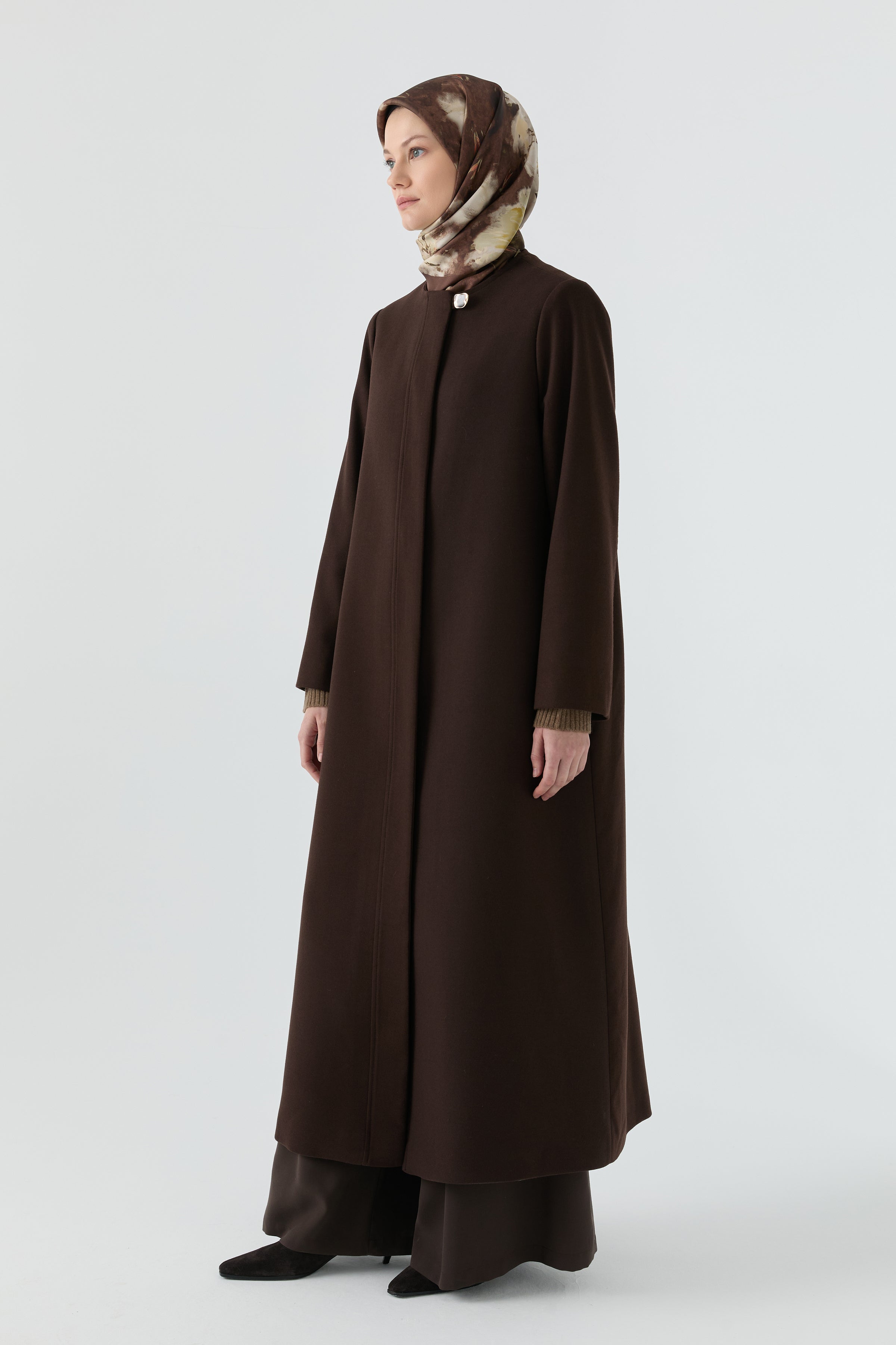 Gizli Pat Düğmeli Basic Manto - Kahve TUGBA