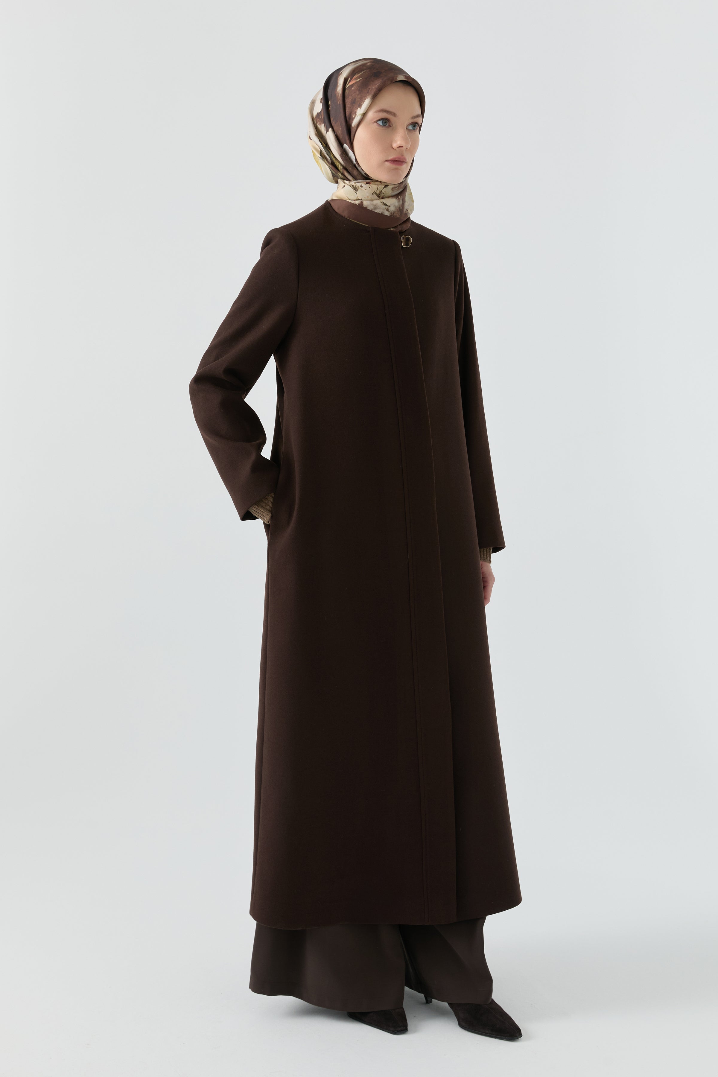 Gizli Pat Düğmeli Basic Manto - Kahve TUGBA