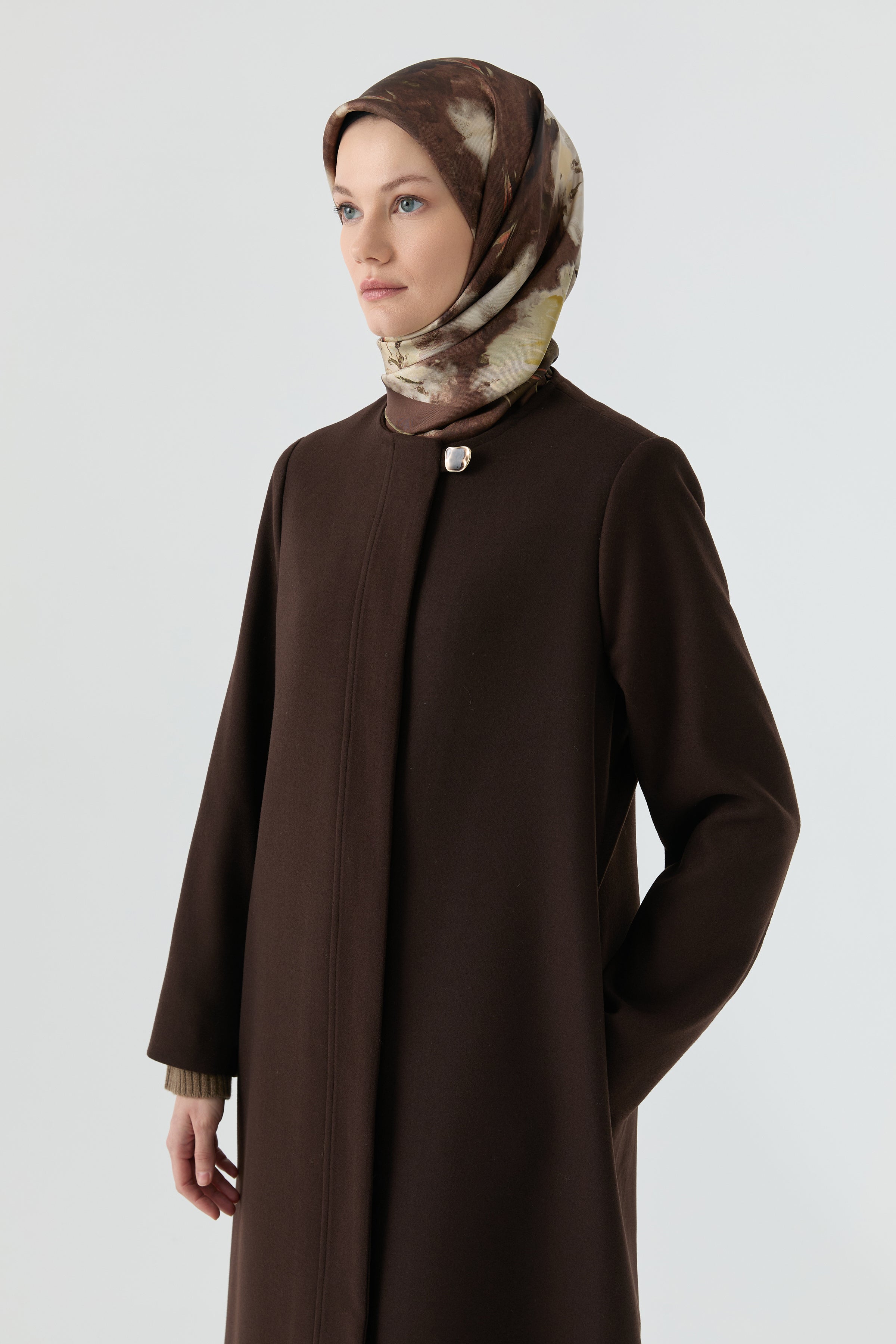 Gizli Pat Düğmeli Basic Manto - Kahve TUGBA